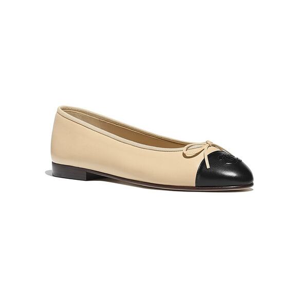 Chanel Beige Black Lambskin Leather CC Logo Bow Tie Ballet Ballerina Flat 37 - Picture 5 of 15